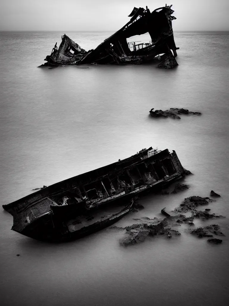 Prompt: long exposure photography of a ship wreck in the sea, photorealistic, minimalism, black and white fine art photography