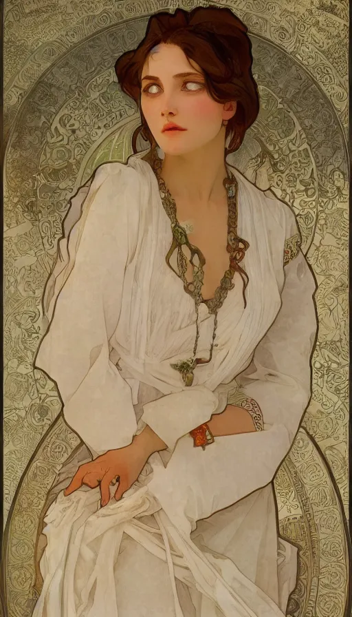 Image similar to elegant, cute girl portrait with open chest white ancient clothes by Alphonse Mucha, and Octane Render