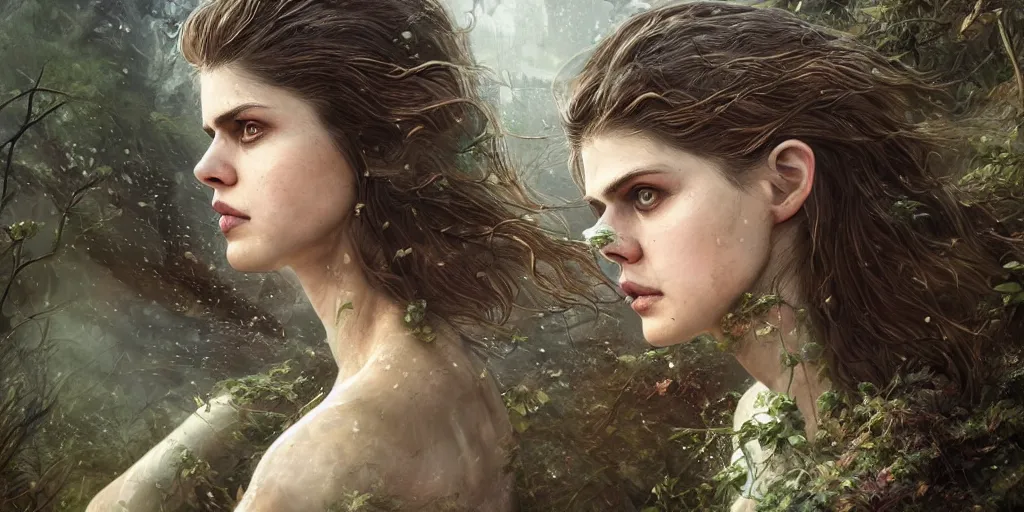 Prompt: Portrait of Alexandra Daddario running away in a post apocalyptic world, in motion, overgrown city, fantasy, high detail, elegant, digital painting, natural light, vibrant, intricate, textured skin, highly detailed, artstation, sharp, focus, illustration, by Anna Dittmann, Ilya Kuvshinov, Nikolay Makovsky