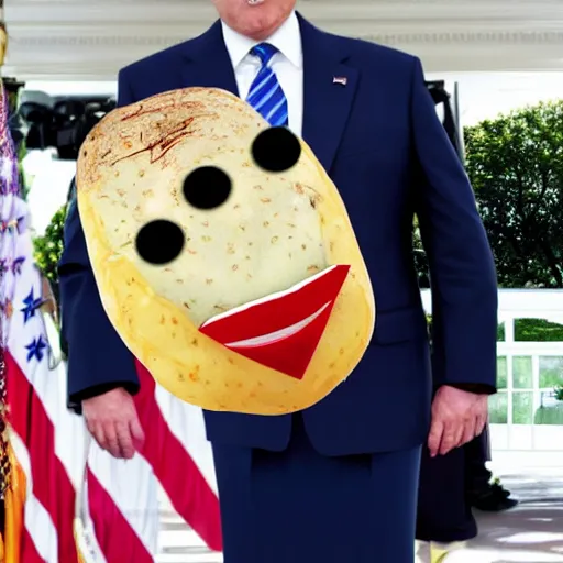 Image similar to a baked potato running for president, wearing a presidential suit and tie, at the white house