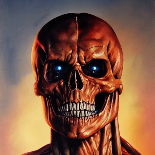 Image similar to ultra realistic portrait painting of skeletor as the terminator, art by frank frazetta, 4 k, ultra realistic, highly detailed, epic lighting