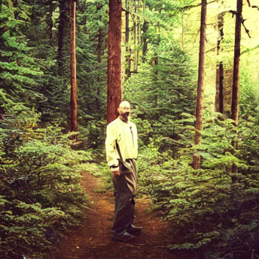 Image similar to walter white going camping in a forest, photography, polaroid,