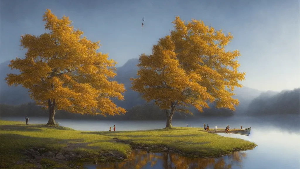 Prompt: a cinematic hyperrealism highly detailed photograph of maple tree by the lake, with petals flying in the sky, reflection on the lake, sunshine, by christophe vacher, trending on artstation, 4 k hd wallpaper premium prints available.