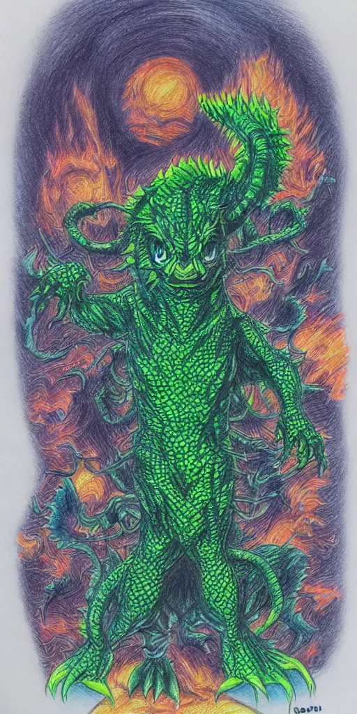 Image similar to a kaiju figurine super detailed colored pencil drawing with fluo colors