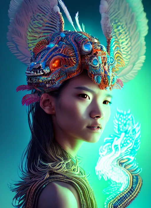 Image similar to a 3 d wlop goddess portrait, 8 k micro details beautiful intricate highly detailed quetzalcoatl skull and feathers. bioluminescent, fire, snow, thunderstorm! artwork by tooth wu and wlop and beeple and greg rutkowski, trending on artstation,