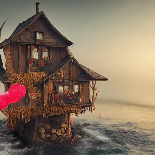 Image similar to a witches house made out of candy floating on the ocean, a scary witch standing on the front, epic scene, fantasy, cinematic, redshift render, cgi, hyper - detailed, photo - bash, 8 k post - production, masterpiece