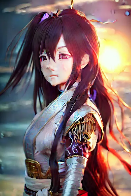 Prompt: anime key visual portrait / hyperrealistic detailed face by nixeu / ayanamikodon / greg rutkowski / tian zi, wuxia heroine, tzuyu form twice, wardrobe trending on dynasty warrior by wlop, heroine action pose sunrise, dramatic lights, soft lights, blur, 4 k octane render, artstation, pinterest, bokeh