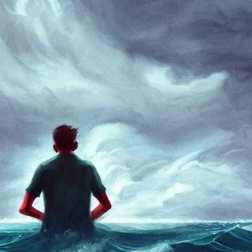 Image similar to a single man on a boat who is amazed by the beauty of a huge storm in the middle of the sea that is about to absorb him and end his life, illustration, digital art, d & d, trending on art station, masterpiece