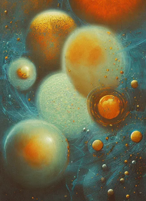 Prompt: spheres being covered by extremely detailed splatters of abstract gold paint, planets and moons engulfed in flames in the style of, pascal blanche, surreal, beksinski, high detailed