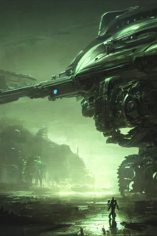 Image similar to medium shot of a singular mechanical skeleton warrior, green glowing eyes reflecting on the metallic armor. Huge plasma rifle. At night, underexposed, desolated wasteland, matte painting by Craig mullins and Emmanuel_Shiu, cinematic, dark sci-fi, concept art trending on artstation, 4k, insane details, ultra realistic