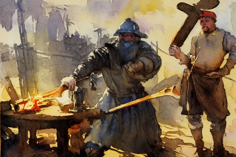 Prompt: small centered on watercolor paper, paint brush strokes, abstract watercolor painting of dirty medieval blacksmith with apron and hammer, anvil, furnace, cinematic light, national romanticism by hans dahl, by jesper ejsing, by anders zorn, by greg rutkowski, by greg manchess, by tyler edlin