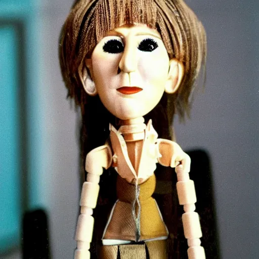 Prompt: a highly detailed marionette of Celine Dion, Close-up photograph, 1980s Kodak color film, cross-process