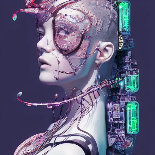 Image similar to the portrait of an absurdly beautiful, graceful, elegant, sophisticated, fashionable cyberpunk gravure idol, an ultrafine hyperdetailed illustration by kim jung gi, irakli nadar, intricate linework, bright colors, porcelain skin, unreal engine 5 highly rendered, global illumination, radiant light, detailed and intricate environment