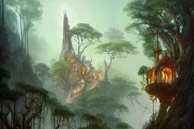 Prompt: treehouse with architecture from antonio gaudi in a deep mystical forest , lampoons, lake, waterfall, tall people walking and discussing, dynamic lighting, art by peter mohrbacher on artstation, mix with rivendell architecture, night mood