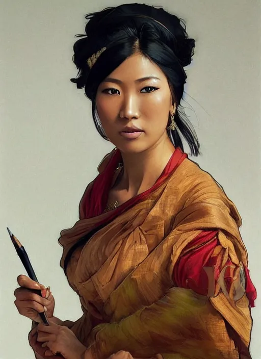 Prompt: a painting of a beautiful 35 year old Asian woman with tanned skin and traditional dress holding a pen by Artgerm and Greg Rutkowski and Alphonse Mucha, dramatic studio lighting