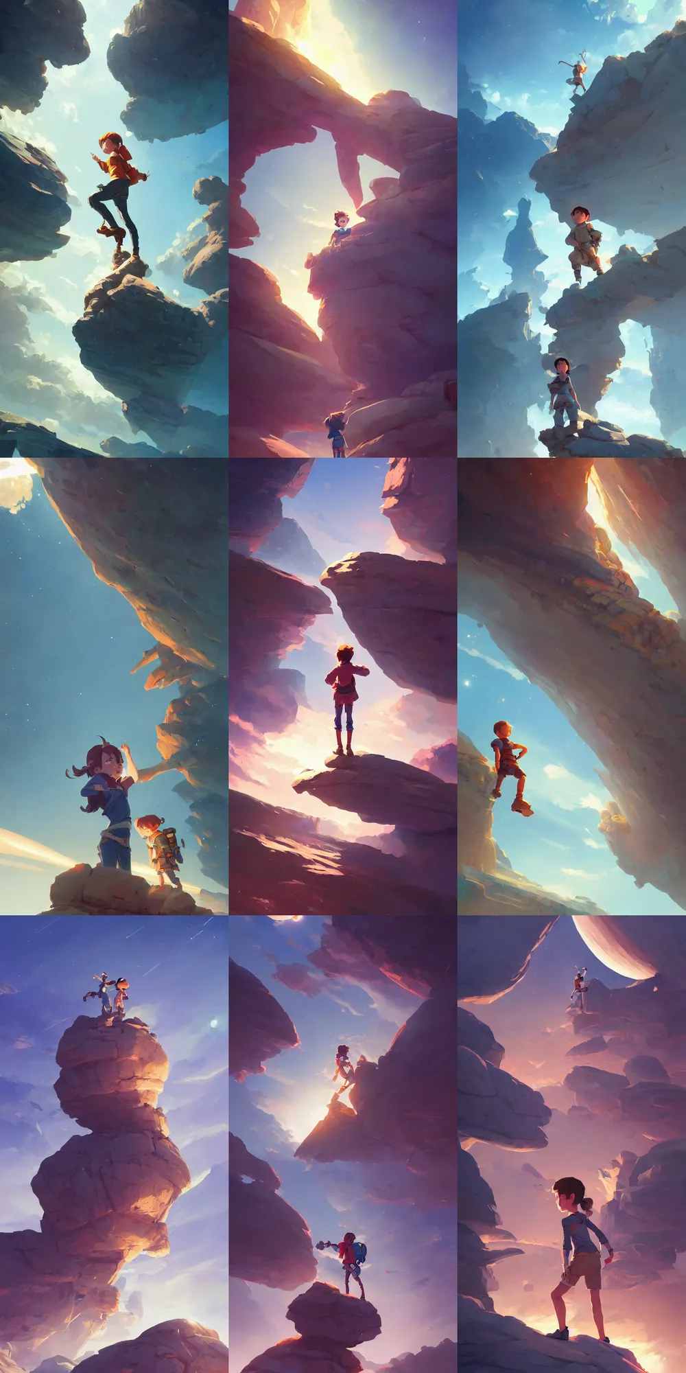 Prompt: young adventurer looking up to a spaceship taking off from a rock, behance hd by jesper ejsing, by rhads, makoto shinkai and lois van baarle, ilya kuvshinov, rossdraws global illumination