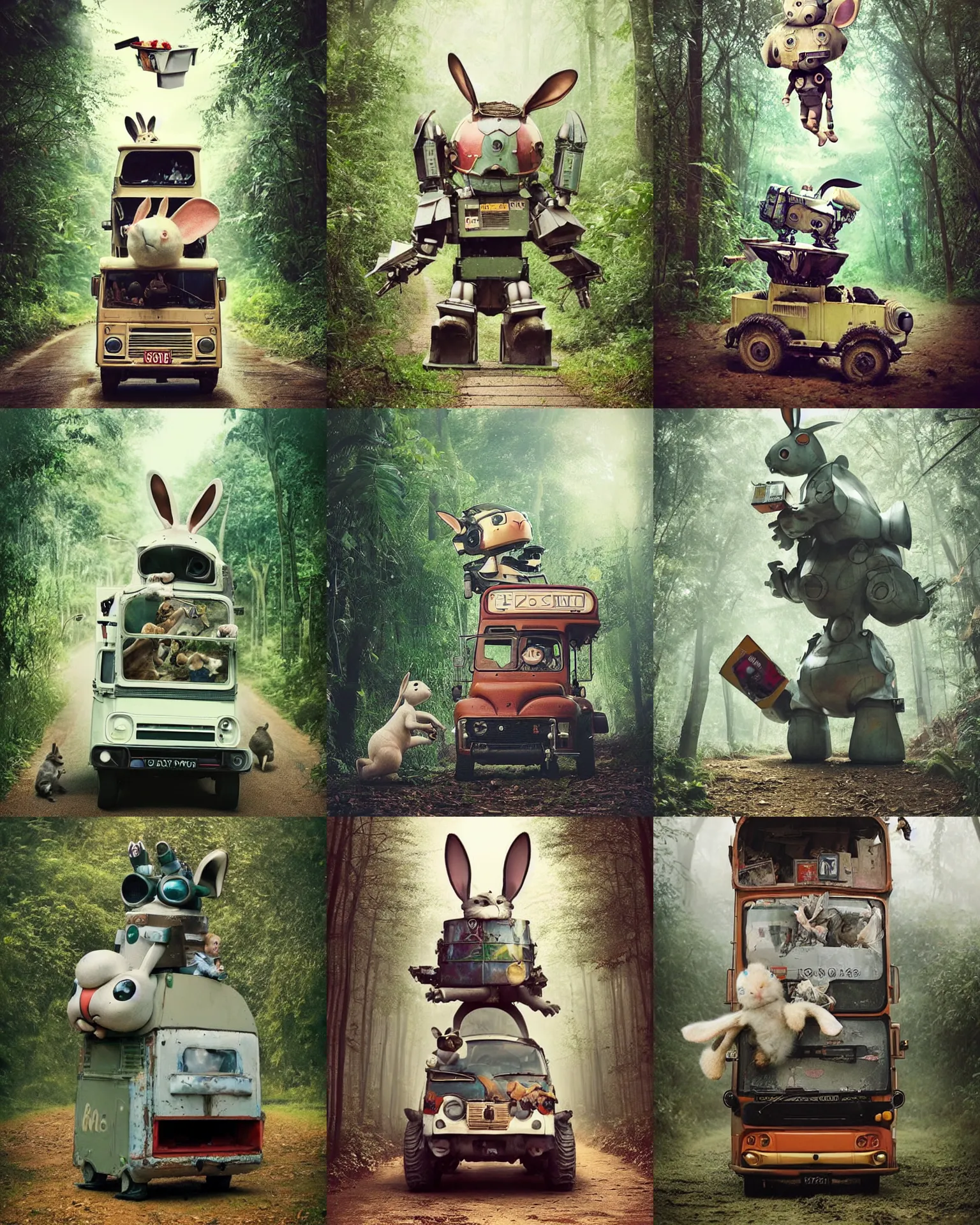 Prompt: attack pose !! giant oversized battle rabbit robot chubby mech baby as double decker bus trashcan with big ears and rabbit , on a jungle forest , full body , Cinematic focus, Polaroid photo, vintage , neutral dull colors, soft lights, foggy ,random weather, by oleg oprisco , by victor enrich