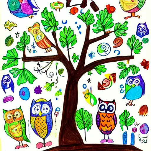 Prompt: childrens drawing of life the universe owls and trees,