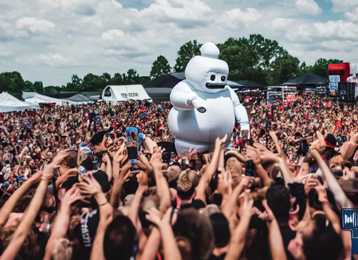 Image similar to photo still of the michelin man on stage at vans warped tour!!!!!!!! at age 3 8 years old 3 8 years of age!!!!!!! stage diving into the crowd, 8 k, 8 5 mm f 1. 8, studio lighting, rim light, right side key light