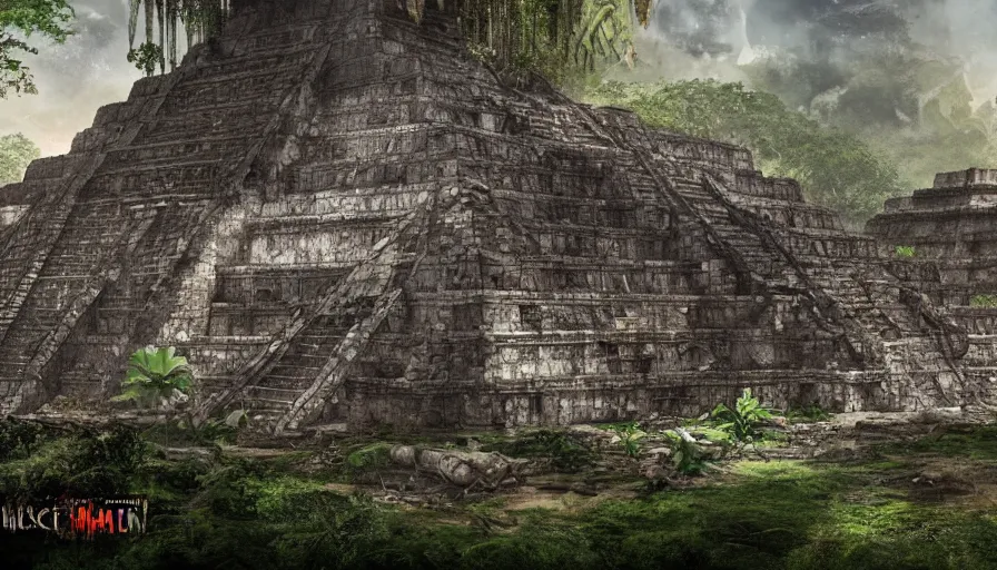 Image similar to Ancient destroyed Mayan temple of a hostile jungle, hyperdetailed, artstation, cgsociety, 8k