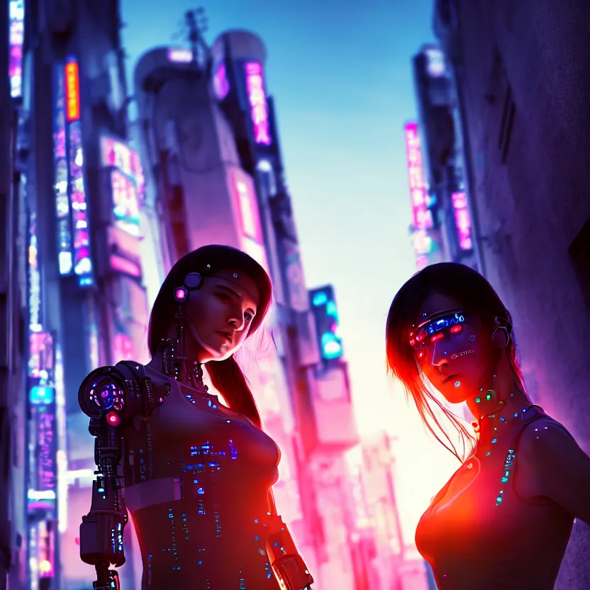 Image similar to a photo close up cyberpunk cyborg girl stands in a cyberpunk hiroshima, prefecture streets, sunset, photorealistic, cinematic lighting, very detailed, style by tomino - sama