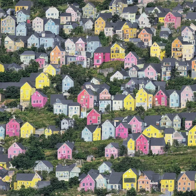 Prompt: little boxes on the hillside little boxes made of ticky tacky little boxes on the hillside little boxes all the same there's a pink one and a green one and a blue one and a yellow one