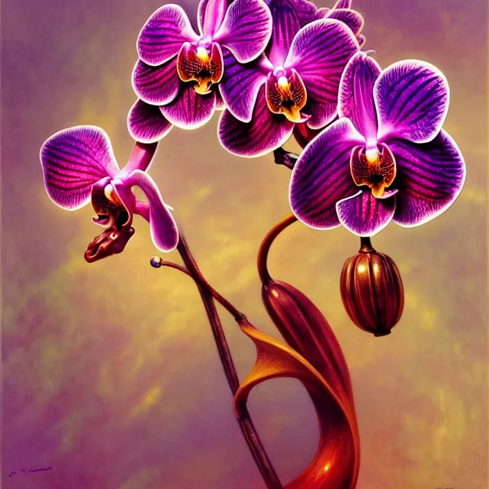 Image similar to psychedelic orchid animal, diffuse lighting, fantasy, intricate, elegant, highly detailed, lifelike, photorealistic, digital painting, artstation, illustration, concept art, smooth, sharp focus, art by John Collier and Albert Aublet and Krenz Cushart and Artem Demura and Alphonse Mucha