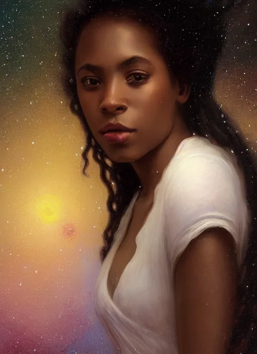 Image similar to oil painting close up portrait of a contemplative young black woman with long flowing hair in a white dress, with white roses, surrounded by colorful nebula stardust galaxies at sunset, hazy, digital art, chiaroscuro, artstation, cinematic, golden hour, concept art, digital art painting by greg rutkowski, william - adolphe bouguereau, hazy atmosphere, cinematic lighting