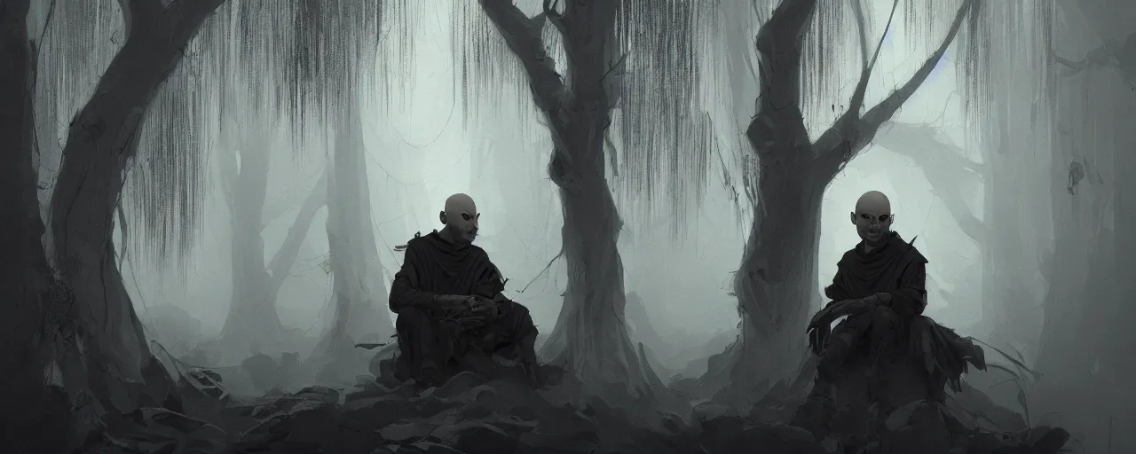 Image similar to duotone noir illustration close up of bald merchant demon sitting below willow tree in medieval brown tunic. foggy evening. dark dream atmosphere with volumetric hellish lighting, by sachin teng and sergey kolesov and ruan jia and heng z. graffiti art, scifi, fantasy, hyper detailed. octane render. concept art. trending on artstation