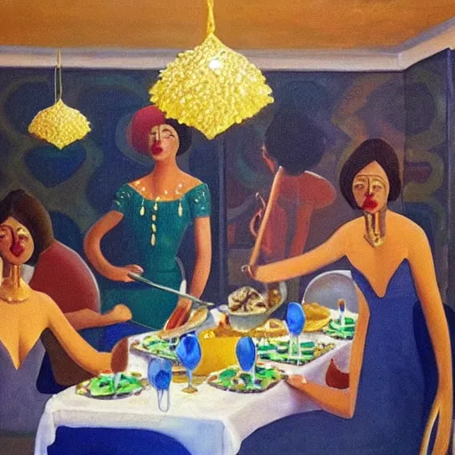 Prompt: dark skinned people eating at a regal buffet ultra detailed beautiful setting elegant event nigerian party minimalist gold ornaments iridescent lighting glamour in the style of edward hooper and henri matisse oil painting