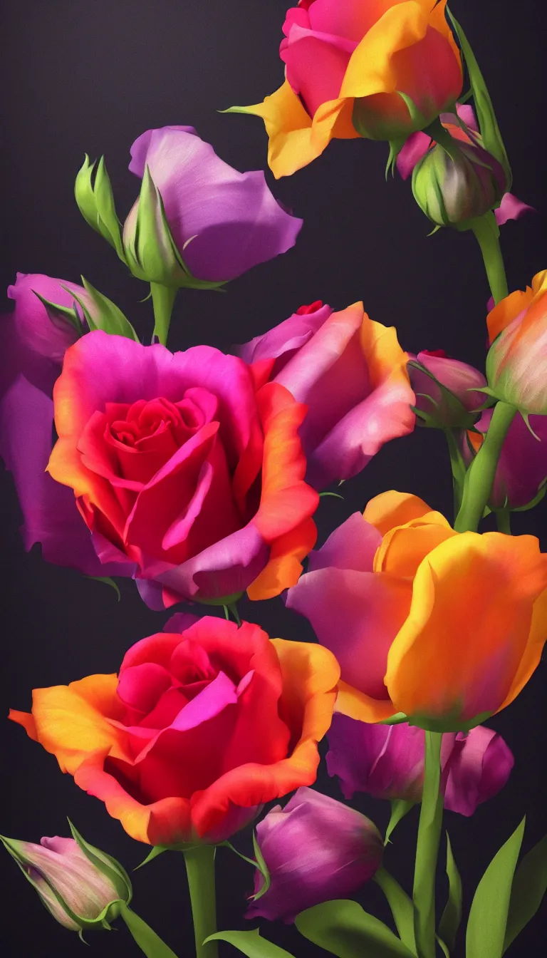 Prompt: colorful beautiful rose, tulip, marrigold flowers, volumetric dramatic light, dark black background, sharp focus, highly realistic, octane render, art by greg rutsowski