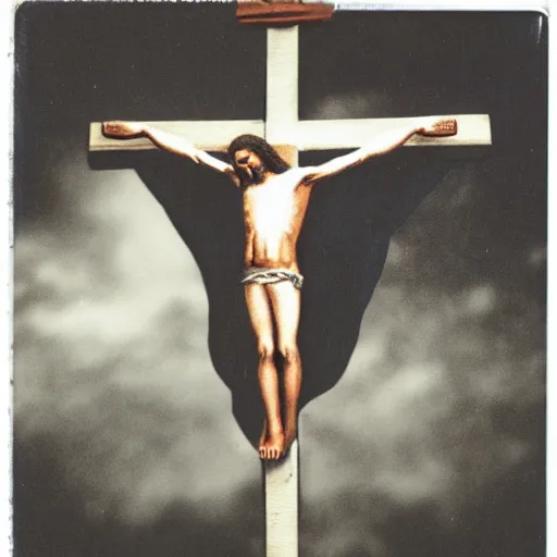 Prompt: Polaroid Photo hidden camera of the crucifixion of Christ