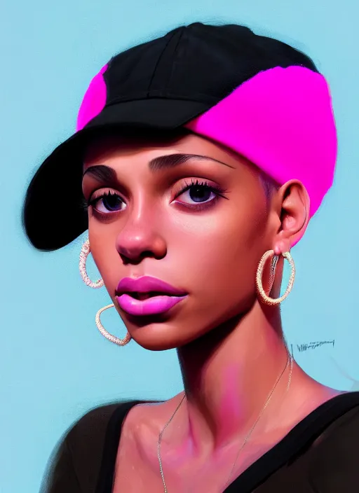 Image similar to portrait of teenage vanessa morgan with bright pink hair, black girl, vanessa morgan, curly pixie cut hair, wearing newsboy cap, newsboy cap, hoop earrings, intricate, elegant, glowing lights, highly detailed, digital painting, artstation, concept art, smooth, sharp focus, illustration, art by wlop, mars ravelo and greg rutkowski