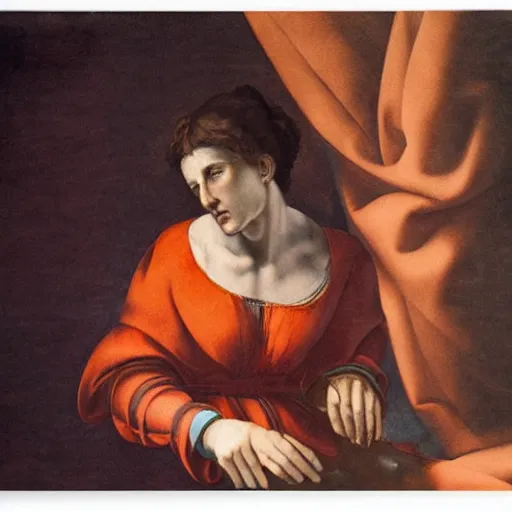 Image similar to scared woman staring up, high detail painting by michelangelo