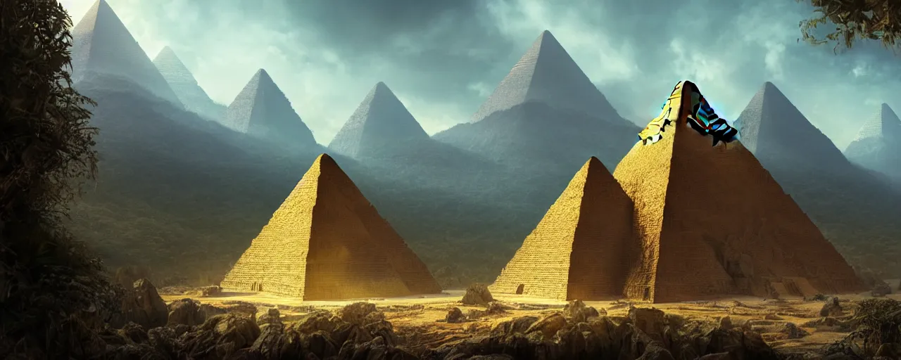 Image similar to an intricate concept art of a hidden pyramid with golden door in the middle of mountains undergrowth, photorealistic movie still, sci - fi, hyper realistic, concept art, art by dylan cole, feng zhu, artgerm, greg rutkowski, cinematic lighting, octane render