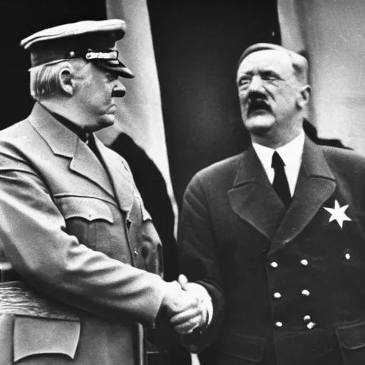 Image similar to world War 2 photograph of a happy Donald Trump shaking hands with Adolf Hitler, highly detailed, award winning photography, 4k, 8k, moody lighting