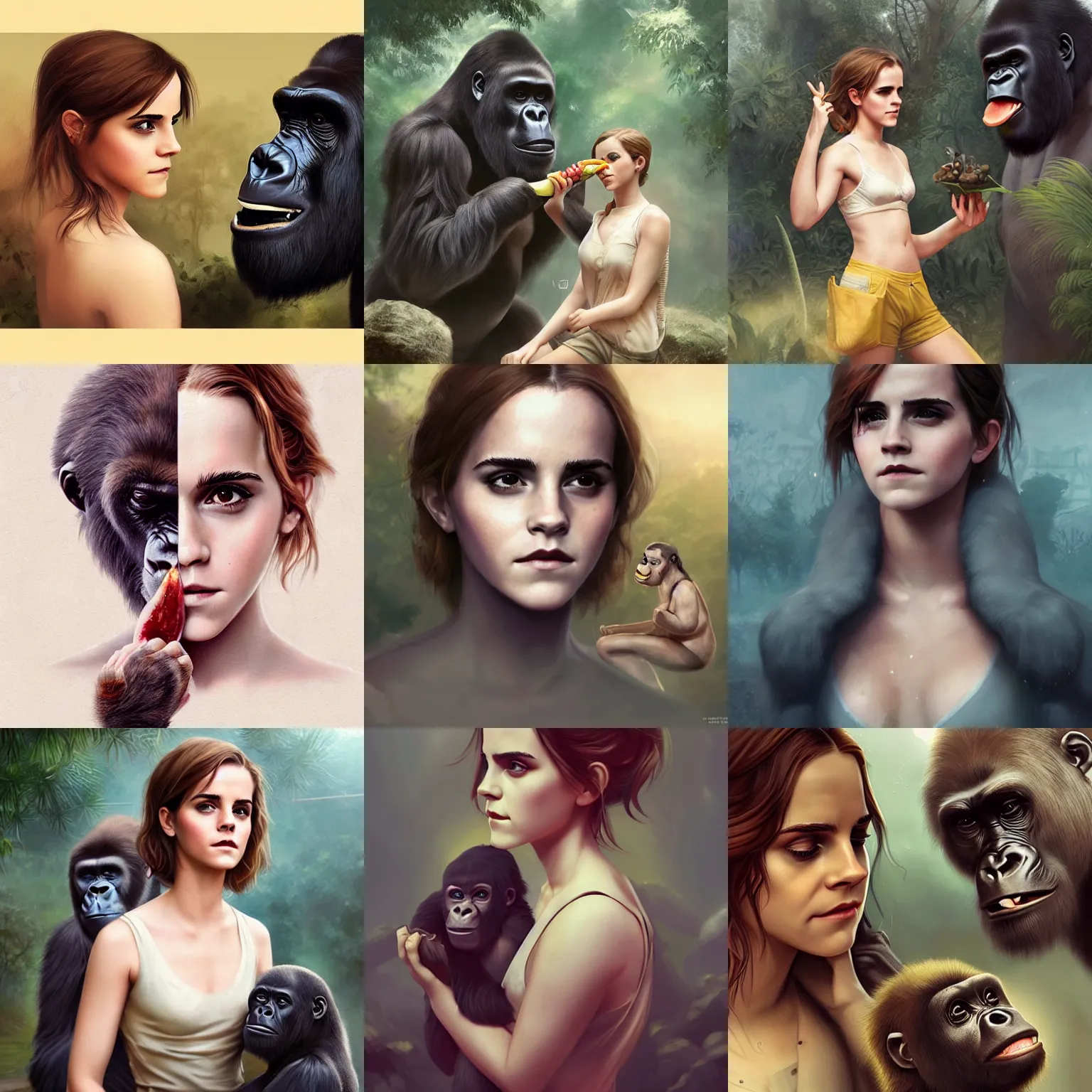 Prompt: Emma Watson in a zoo with a gorilla while she eats a banana, Charlie Bowater, Tom Bagshaw, artstation, golden ratio, artgem, cinematic lighting, cgsociety, cinematic