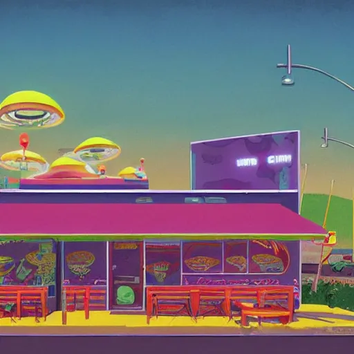 Image similar to psychedelic fast food restaurant near the beach by simon stalenhag