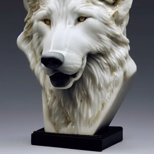 Image similar to a white marble bust of a wolf with gold filigree