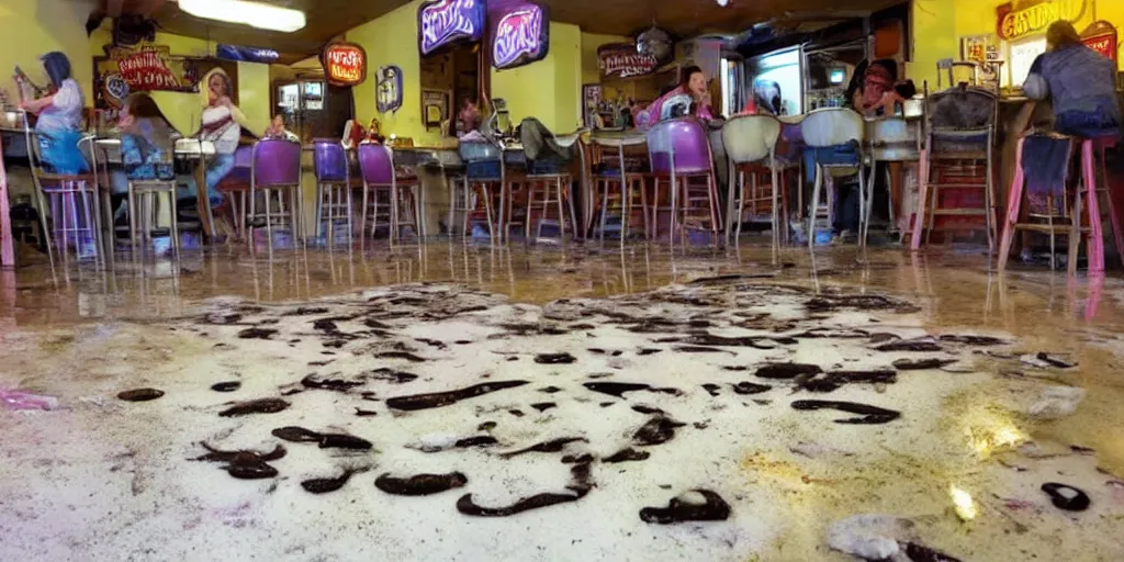 Image similar to inside a leaking freezer of melting ice cream cases is in an old fashioned ice cream parlor. the leak has made a big colorful puddle of melted ice cream on the floor and the puddle is reminiscent to the shape of werewolf fangs.