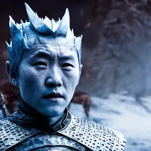 Image similar to justin sun as night king in game of thrones versus crimson bee, 4 k, epic, cinematic, focus, movie still, fantasy, extreme detail, atmospheric, dark colour, sharp focus