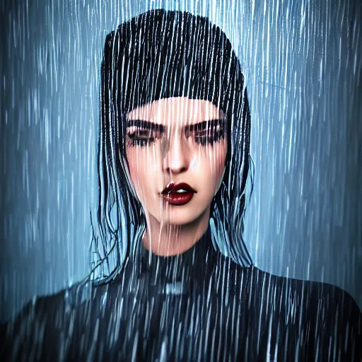 Image similar to stylish woman cartoon portrait made out of rain, pinstripe suit, cyberpunk background, rendered in octane, unreal engine, highly detailed, trending on artstation, realistic, neon, beautiful