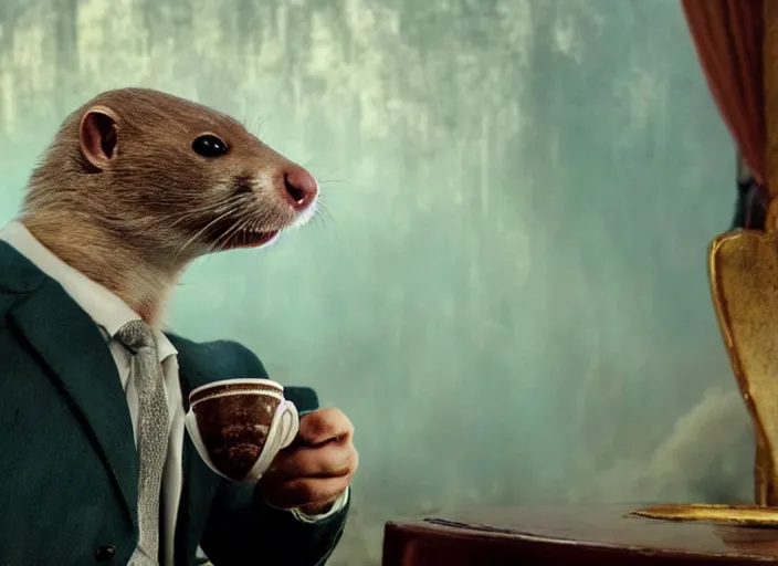 Prompt: A very high resolution image from a new movie, A Weasel wearing a suit drinks tea in a shabby Chinese room, surrounded by water vapor,beatiful backgrounds,dramatic Lighting, directed by wes anderson