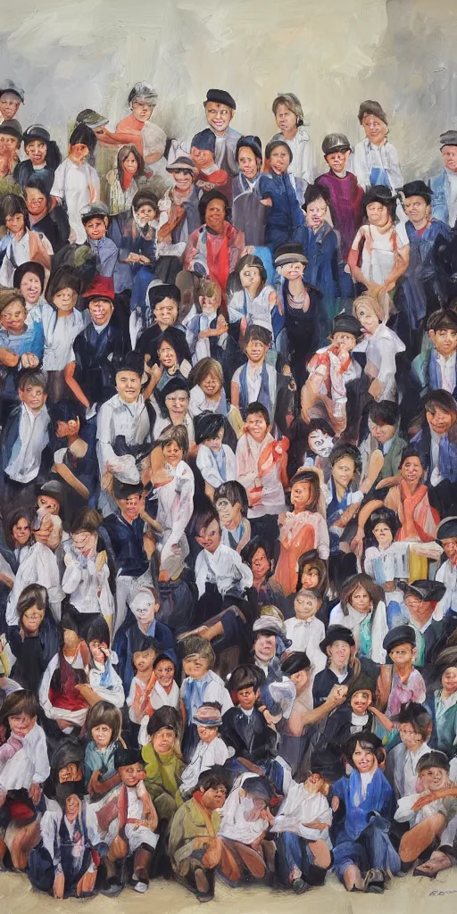 Prompt: oil painting scene from photographer takes group school photo by kim jung gi