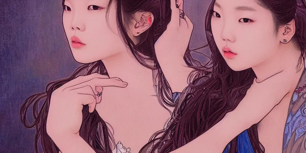 Image similar to a portrait of a very seductive Jennie Kim Blackpink, in the style of WLOP and Alphonse Mucha and Ross Tran, realistic, seductive, closeup, facing the camera, dramatic lighting