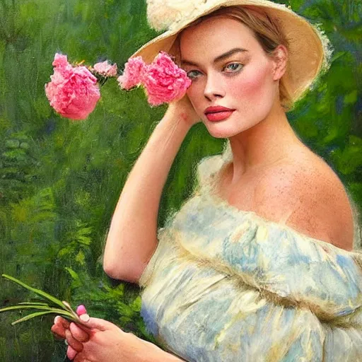 Image similar to happy very thick paint brush strokes paint texture full body fashion model margot robbie by Jeremy Lipking by Hasui Kawase by Richard Schmid (((smokey eyes makeup eye shadow fantasy, glow, shimmer as victorian woman in a long white frilly lace dress and a large white hat having tea in a sunroom filled with flowers, roses and lush fern flowers ,intricate, night, highly detailed, dramatic lighting))) , high quality