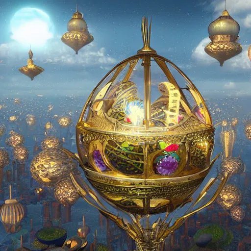 Image similar to enormous flying city in a faberge egg encircled by giant metallic petals, cloudy sky background, steampunk, fantasy art, masterpiece, unreal engine