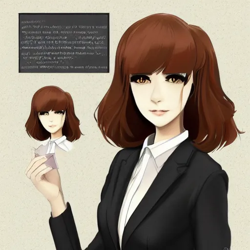 Image similar to woman in business suit, brown neat hair, animesque, pixiv, fanbox, trending on artstation, digital art, portrait, modern, sleek, highly detailed, formal, serious, determined, competent, colorized, smooth, charming, pretty, safe for work, blank background