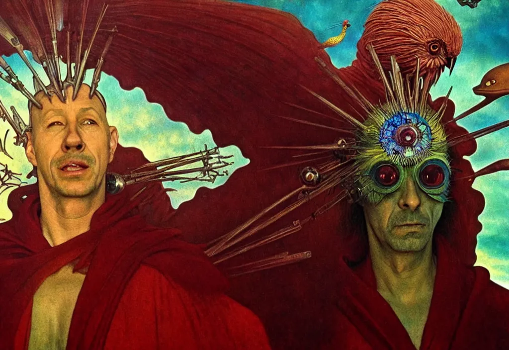 Image similar to realistic detailed portrait movie still of a birdman wearing dark robe, sci fi landscape background by denis villeneuve, amano, yves tanguy, alejandro jodorowsky, alphonse mucha, max ernst, ernst haeckel, roger dean, masterpiece, rich moody colours, snarling dog teeth