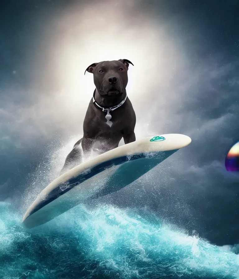 Image similar to photo of a dark gray coat pit bull with a white paws and a white nose!, trending on artstation surfing on a surfboard in a crashing wave of alien ocean in space, background is an alien galaxy, aliens in the background, alien colors, octane render, unreal engine, wide view, 8 k, highly detailed